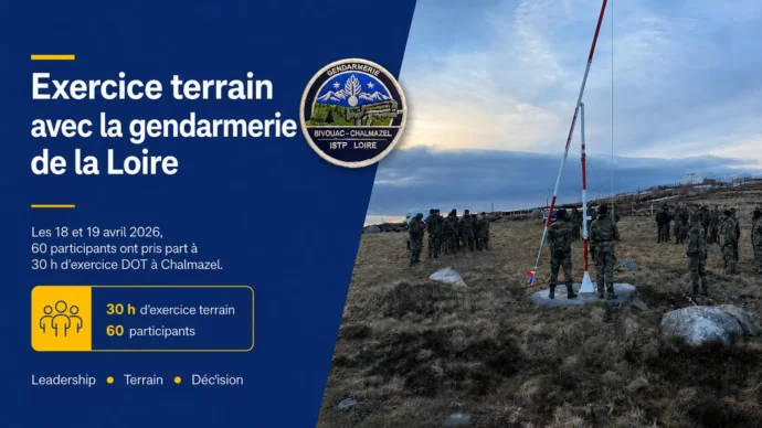 Élèves ingénieurs ISTP et gendarmes de la Loire lors de l'exercice terrain DOT à Chalmazel – 30h de mise en situation leadership et prise de décision, avril 2026