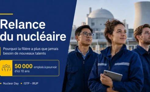Trois jeunes professionnels en tenue de travail devant une centrale nucléaire - Relance du nucléaire : 50 000 emplois à pourvoir d'ici 10 ans, Nuclear Day ISTP - IRUP