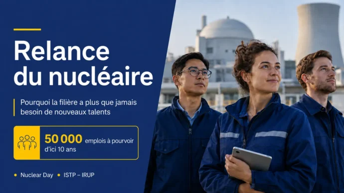 Trois jeunes professionnels en tenue de travail devant une centrale nucléaire - Relance du nucléaire : 50 000 emplois à pourvoir d'ici 10 ans, Nuclear Day ISTP - IRUP